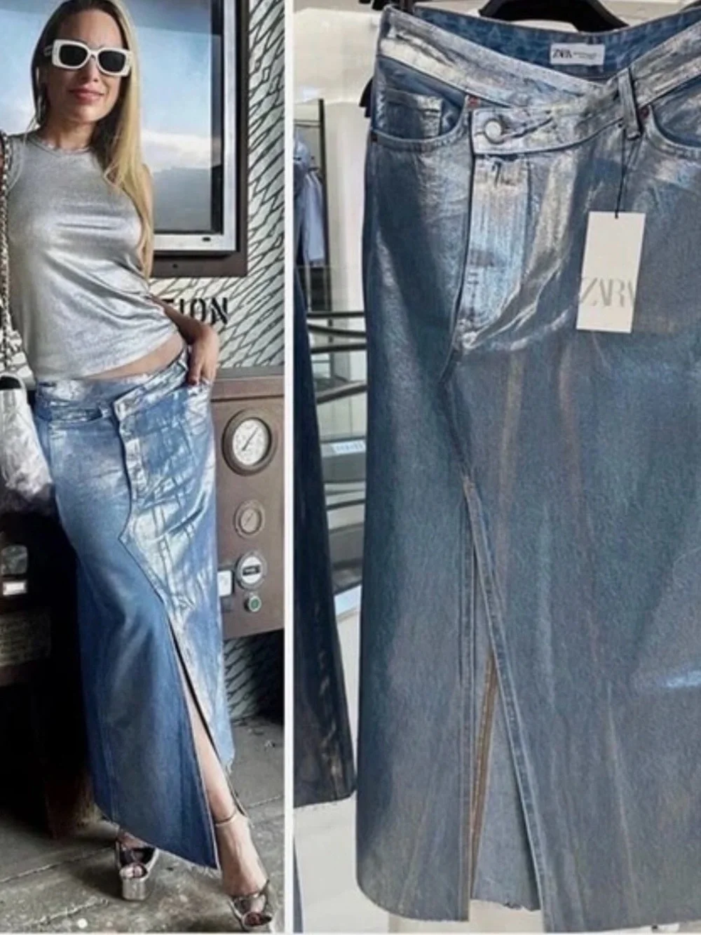 Zara 6045/017 Light Blue Denim Metallic Maxi Skirt with Front Slit